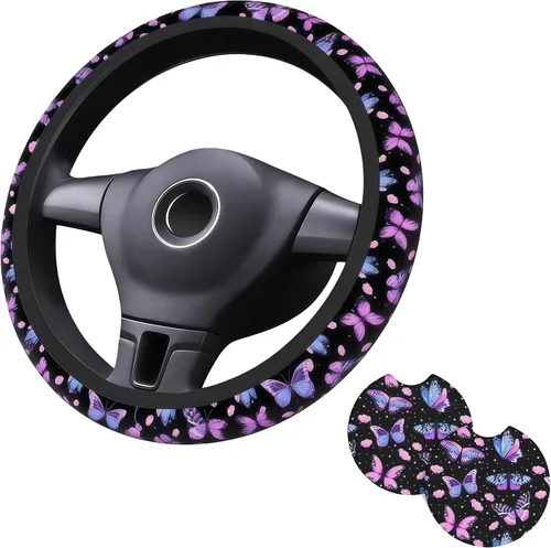Miniatura 11 de Funda para volante de automóvil de 15 pulgadas y 2 posavasos de automóvil a cuadros Funda de volante a cuadros color negro marrón antideslizante