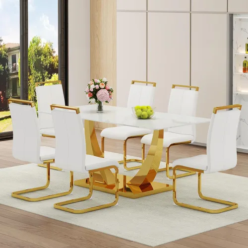 Miniatura 14 de Juego de Mesa de Comedor Negra para 6, Mesa de Comedor de Mármol Falso de 71" para 6, Juego de Mesa de Cocina Rectangular con Sillas de Cuero PU