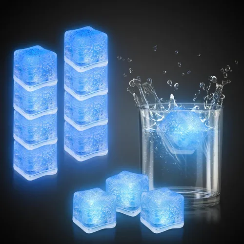 Windy City Novelties Paquete de 12 cubos de hielo LED azules con 6 modos de luz, innovador botón de encendido/apagado, perfectos para fiestas,