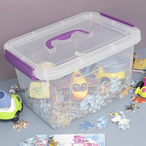 Miniatura 3 de Contenedor de plástico transparente con tapa, caja de cierre de 6 cuartos de galón con mango morado, 6 paquetes