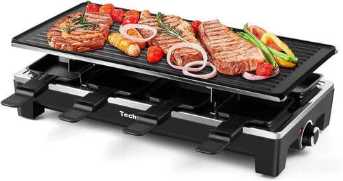 Miniatura 11 de Raclette Grill, Techwood - Parrilla eléctrica para interiores con 2 platos antiadherentes reversibles, 1 placa de parrilla de piedra, calentamiento