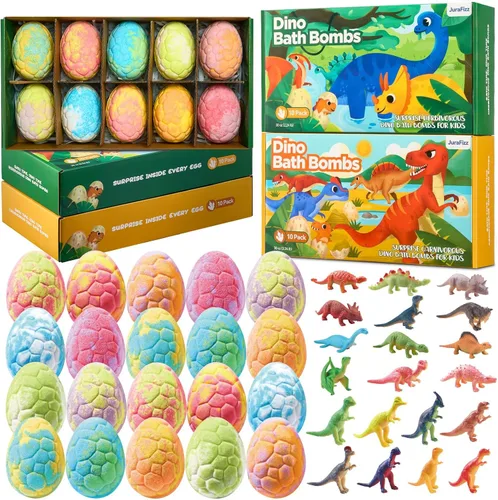Bombas de baño de dinosaurios para niños con sorpresa en el interior, paquete de 20. Bombas de baño naturales de huevo de dinosaurio con juguetes