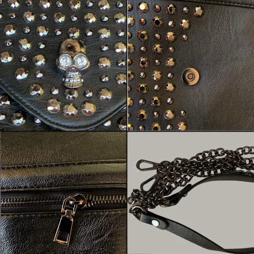 Miniatura 7 de Chikencall Bolso de mano de cuero con tachuelas de calavera punk negro con dos correas