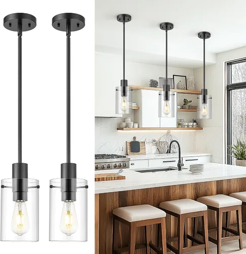 Emak PL127-BKBK-CG-2PK - Luces colgantes negras de isla de cocina, paquete de 2 lámparas colgantes de 5 pulgadas con pantalla de vidrio