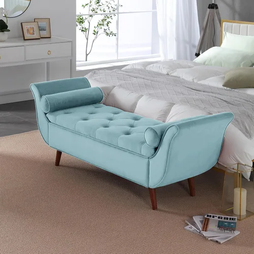 Miniatura 17 de Banco de almacenamiento de terciopelo para dormitorio, extremo de la cama con 2 almohadas, banco otomano tapizado con botones copetudos, reposapiés