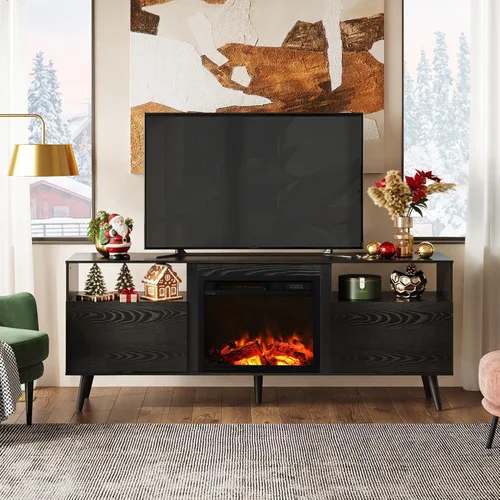 Miniatura 2 de WLIVE Soporte de TV con chimenea para TV de 55 y 65 pulgadas, centro de entretenimiento de mediados de siglo con chimenea eléctrica, consola de TV