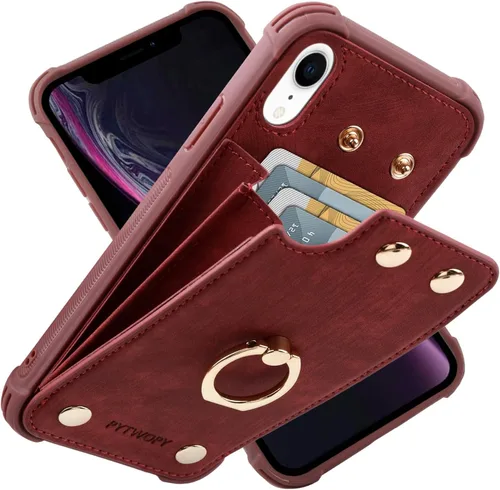 Miniatura 34 de Funda tipo cartera compatible con iPhone XR/10R con tarjetero de crédito, funda protectora de cuero a prueba de golpes compatible con anillo