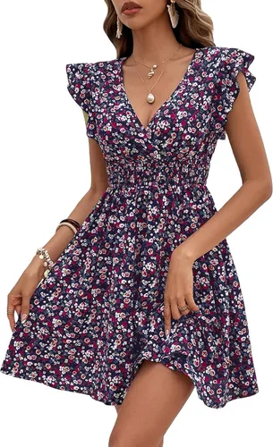 Milumia Minivestido acampanado con cuello en V fruncido y mangas casquillo para mujer