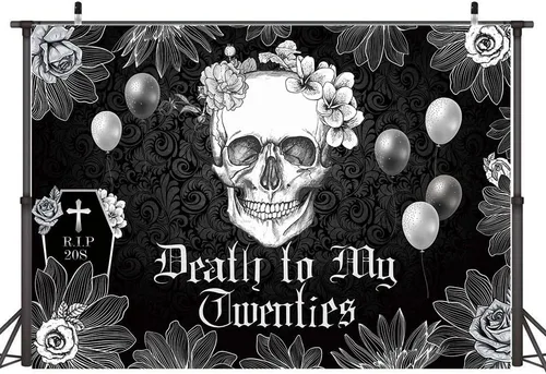 Miniatura 3 de Hilioens Telón de fondo de 7 x 5 pies de muerte a mis veinte para cumpleaños 30 RIP to My 20s Youth Gothic Skull Coffin Fondo negro para fotografía