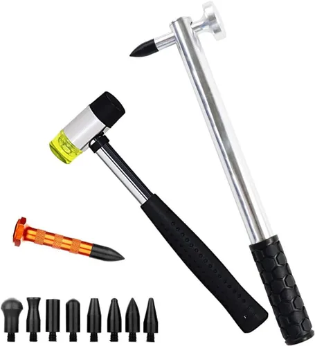 LadyRosian - Juego de 12 herramientas para reparación de abolladuras sin pintura; martillo de abolladuras de aluminio con cabeza de derribo, juego
