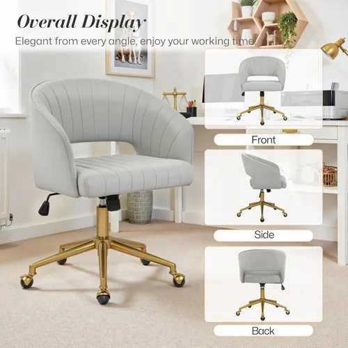 Miniatura 8 de Silla de escritorio giratoria para oficina en casa, moderna silla de escritorio de terciopelo, sillón de altura ajustable con base dorada, silla