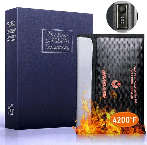 Miniatura 12 de Caja fuerte de libro de diversión con bolsa de dinero a prueba de fuego de 4200°F y cerradura de combinación, 10.5" x 7.9" x 2.5" caja fuerte