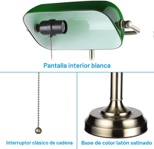 Miniatura 3 de TORCHSTAR Lámpara de escritorio de cristal verde con cadena de tracción, base E26 Base de acabado de latón, lámpara tradicional antigua para sala