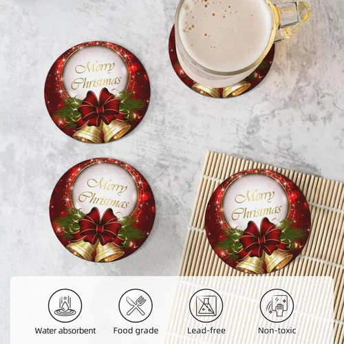 Miniatura 5 de Juego de 4 posavasos rojos de Navidad para mesa de café, tazas, bar, cerveza, escritorio, posavasos redondos de cerámica absorbente para mesa