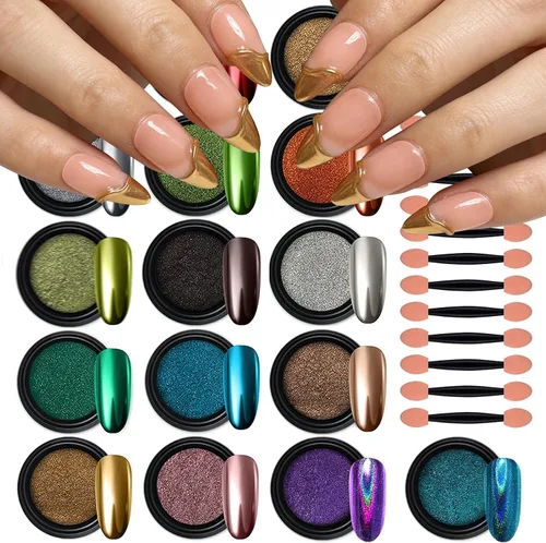 Artdone Polvo de Uñas Cromado de 16 Colores, Polvo Aurora Iridiscente Efecto Espejo Metálico Pigmento Nacarado de Sirena Pigmento Polvo de Purpurina