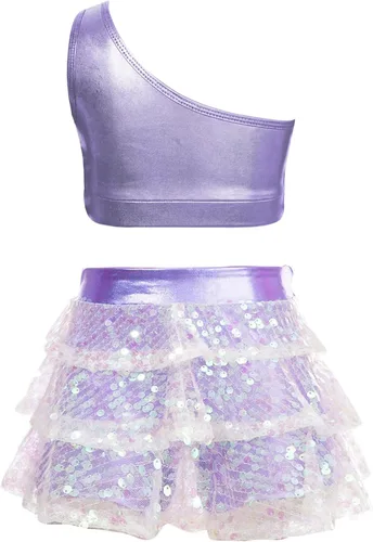 Miniatura 68 de JEATHA Top corto con borlas y lentejuelas brillantes para niñas, con minifalda, jazz latino, salsa, samba, rumba, baile