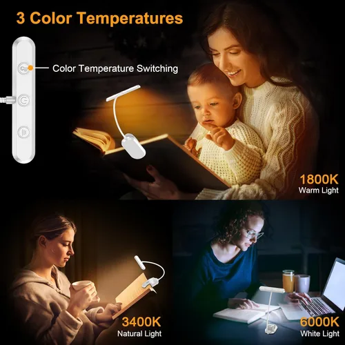 Miniatura 3 de Gritin Luz de Libro Recargable para Leer en la Cama con 19 LED y Función de Memoria - Cuidado de los Ojos, 3 Temperaturas de Color, 5 Niveles