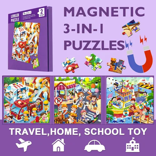 Miniatura 3 de Rompecabezas magnéticos para niños de 4 a 8 años, libro de rompecabezas de imanes de dibujos animados 3 en 1 para niños pequeños, juguetes de viaje