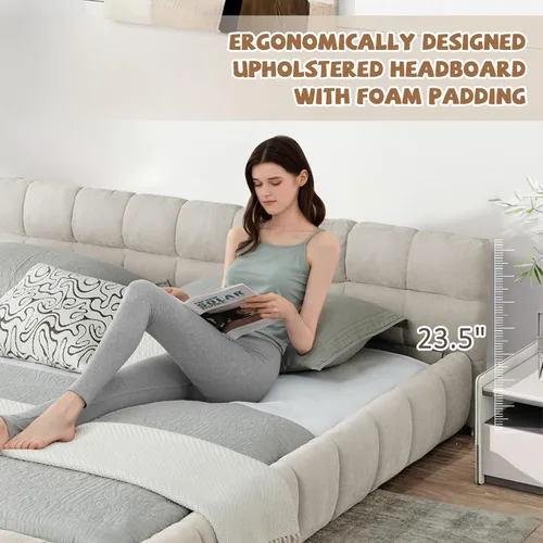Miniatura 4 de Base de cama tapizada tamaño California King con tela de felpilla gruesa, cama de plataforma con cabecero copetudo, marco de madera maciza, diseño