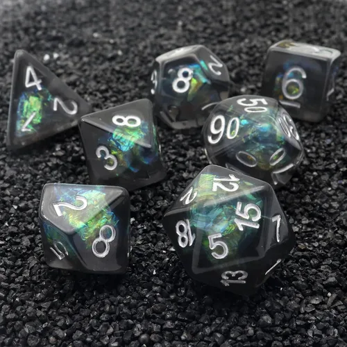 Miniatura 7 de Haxtec DND Conjunto de Dados 7 Piezas Conjunto de Dados de Resina Negro con Inclusión de Mylar Iridiscente Dados Poliédricos D&D