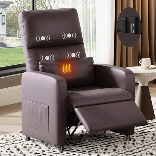 GarveeHome - Silla reclinable eléctrica con calor y masaje, sofá individual ergonómico de cuero sintético ajustable, respaldo alto, asiento PU Marrón