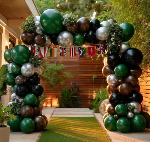 Arco de globos de látex negro y verde, guirnalda de globos de látex de doble relleno, color verde oscuro, marrón, plateado, para camuflaje,