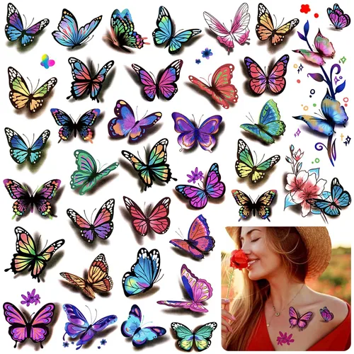 Miniatura 8 de Calcomanías temporales 3D de mariposas y flores, tatuajes coloridos para mujeres, 126 unidades, 30 hojas