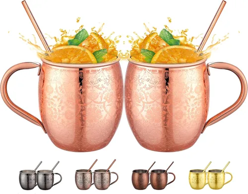 Miniatura 8 de UNISWEET Moscow Mule - Tazas de 18 onzas chapadas en cobre fina artesanía, tazas grabadas con acero inoxidable 304, para bebidas frías, cerveza, 1