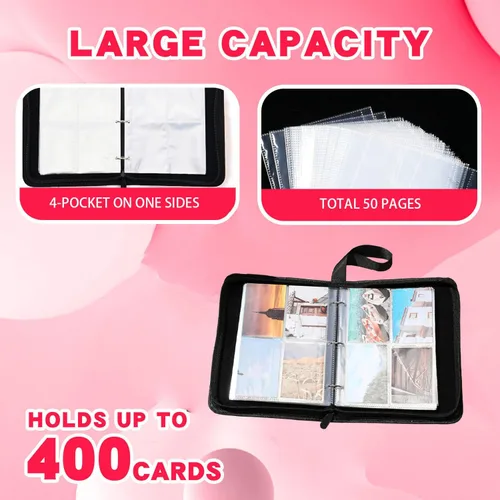 Miniatura 4 de Carpeta de 400 tarjetas para tarjetas intercambiables, 4 bolsillos con cremallera y asa, álbum de diseño de piel sintética para almacenamiento