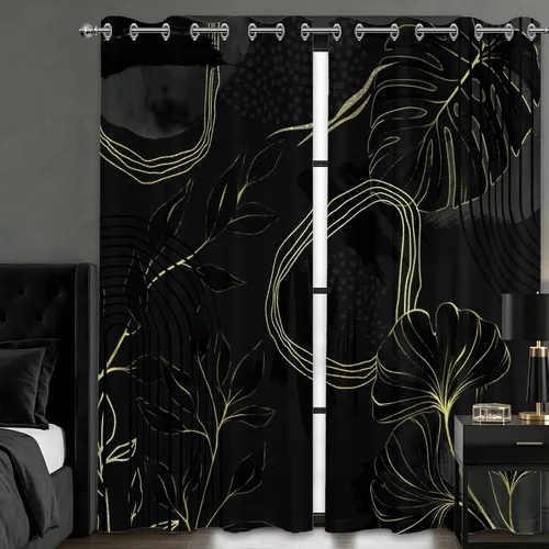 Miniatura 36 de Cortinas opacas negras y doradas, cortinas modernas de mediados de siglo para dormitorio, sala de estar, 63 pulgadas de largo, juego de 2 paneles