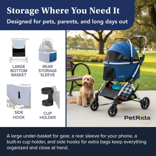 Miniatura 6 de Cochecito de lujo para mascotas con transportador desmontable Diseño ligero con fácil plegado con una sola mano y cesta de almacenamiento
