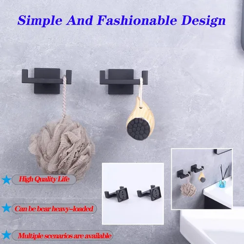 Miniatura 4 de GERZWY Gancho doble para toallas de baño negro mate de acero inoxidable para abrigo/bata para baño, cocina, estilo moderno de hotel, montado