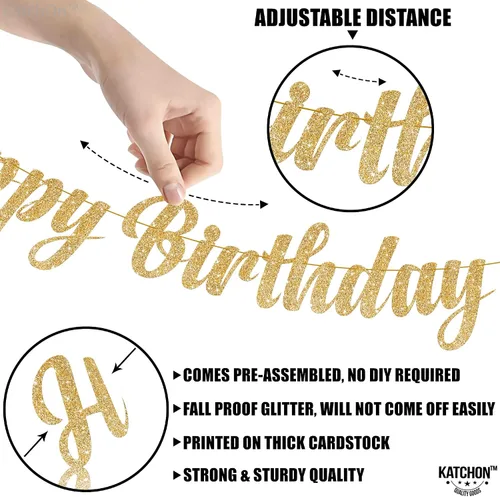 Miniatura 3 de KatchOn, Cartel de feliz cumpleaños dorado con purpurina – 10 pies, sin bricolaje Cartel dorado de feliz cumpleaños Cartel dorado de feliz Oro