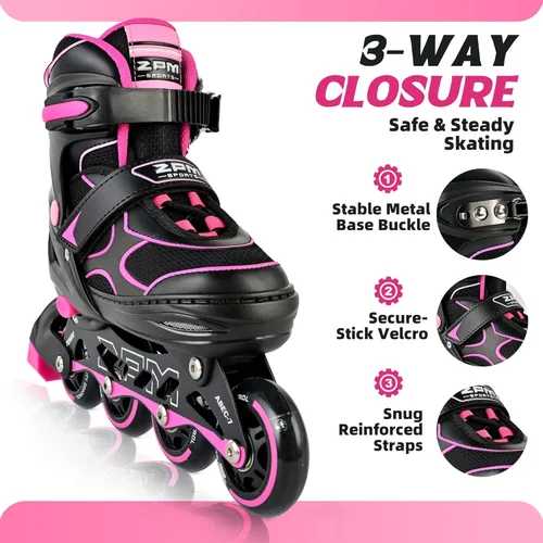 Miniatura 3 de 2PM SPORTS Patines en línea para niños y niñas, niños de 5 a 8 a 12 años, 4 a 6, 6 a 12 años, con ruedas iluminadas, cuchillas ajustables para Rosa