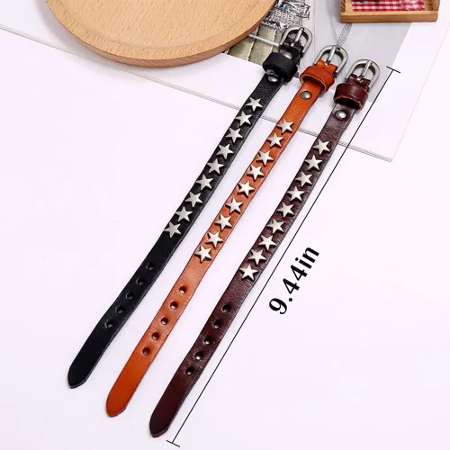 Miniatura 2 de YWMAN 2 pulseras góticas con tachuelas de pentagrama – Pulsera de cuero vintage con estrella – Pulsera de muñeca de roca hebilla joyería