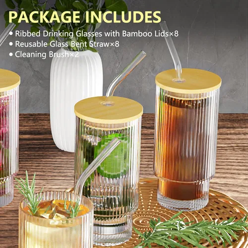 Miniatura 3 de CWHHRN Vasos de vidrio, tazas de café de vidrio vintage de 16 onzas con tapas y pajitas, juego de 8 unidades, cristalería vintage para whisky, 8