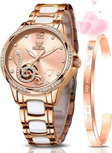 Miniatura 10 de OLEVS Relojes para mujer, mecánico automático, cuerda automática, oro rosa, reloj de mujer, vestido de diamante, pulsera de cerámica, impermeable
