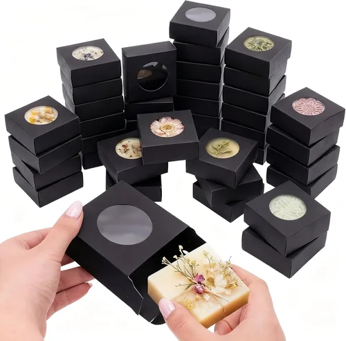 Chinco 30 cajas de jabón cuadradas para jabones caseros, velas, 3 x 3 x 1.2 pulgadas, cajas de jabón con ventana transparente, pequeña caja de Negro