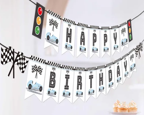 Pancarta vintage de feliz cumpleaños de coche de carreras, bandera de Fórmula 1 Cumpleaños Fast One, dos decoraciones de bandera de fiesta de coche