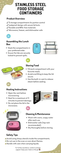 Miniatura 4 de Easy Togo Paquete de 3 recipientes de almuerzo de acero inoxidable – Cajas de almacenamiento de alimentos herméticas a prueba de fugas