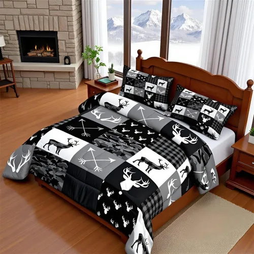 Miniatura 149 de Juego de edredón de cuernos de ciervo tamaño individual, juego de ropa de cama rústica de granja con huellas de oso y pinos para decoración