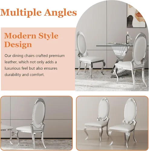 Miniatura 5 de Juego de 2 sillas con 2 sillas de comedor de piel sintética blanca, silla de cocina moderna con respaldo ovalado y patas de acero inoxidable
