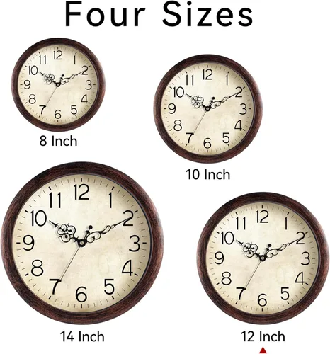 Miniatura 2 de KECYET Reloj de pared de 12 pulgadas, relojes de pared vintage operados con pilas, de cuarzo, silenciosos, sin tictac, estilo retro rústico, A_bronce