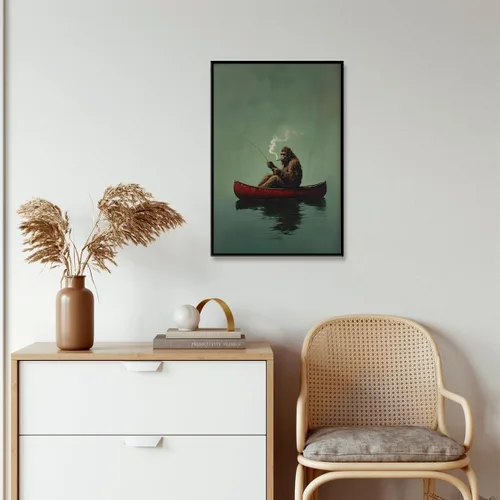 Miniatura 6 de Póster de lienzo retro de Sasquatch, divertido pie grande en una canoa roja, pesca verde esmeralda, arte de pared, diseño de casa de lago, vintage