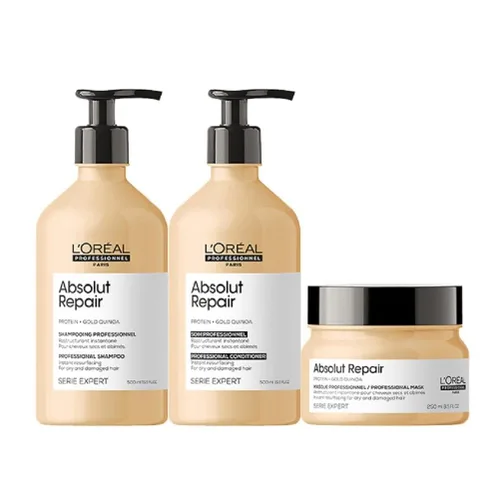 L'Oréal Professionnel Paris Absolut Repair - Juego de champú, acondicionador y máscara para el cabello, tratamiento proteico para cabello seco y
