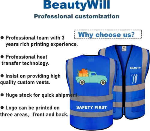 Miniatura 3 de BeautyWill Chaleco de seguridad con logotipo personalizado Class2 Chaleco reflectante de alta visibilidad con bolsillos y cremallera chaleco