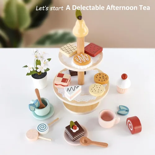 Miniatura 8 de PairPear Juego de Fiesta de Té con Soporte para Postres - Juguetes de Madera de Comida de Juego de Simulación y Accesorios de Cocina para Juego
