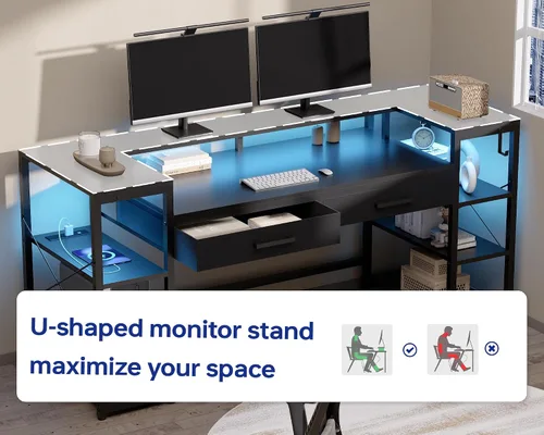 Miniatura 5 de Pamray Escritorio para computadora de 58 pulgadas con soporte para monitor y estantes, escritorio para juegos con luces LED y tomas de corriente