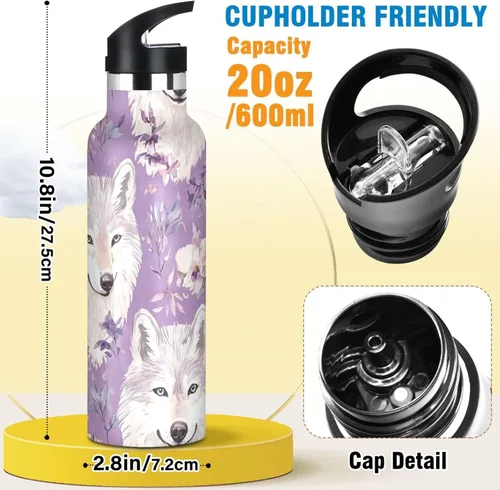 Miniatura 2 de Insulated Water Bottle with Straw Double Wall Vacuum Insulated Lightweight for Sports, Travel, and School, Sweet Wolf Purple 17