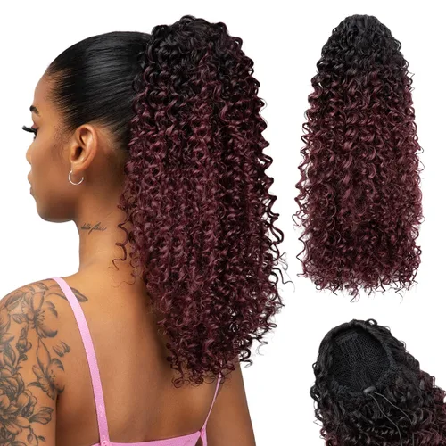 Miniatura 17 de Extensión de cabello corto negro con cordón para mujeres negras, cola de caballo recta de 14 pulgadas con rizos finales, postizos sintéticos